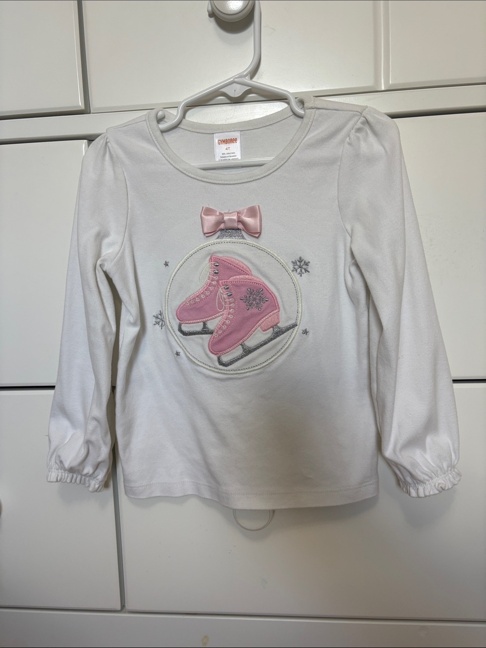 Gymboree White Long-Sleeve Top with Pink Ice Skate Motif